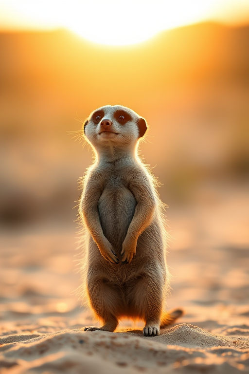 Capture a close-up of a meerkat standing on sandy ground during golden hour, using a DSLR camera with a 50mm lens, aperture f/2.8 for shallow depth of field, ISO 200 for clear details, and a soft focus background to enhance the subject.