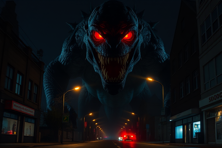 create a high-resolution image of a giant monster with glowing red eyes and sharp teeth looming over a shadowy street at night, shot with a Canon EOS R5, 24mm lens, f/1.4 aperture, ISO 100, 1/60s shutter speed, in low light with dramatic lighting and high contrast to enhance details and depth.