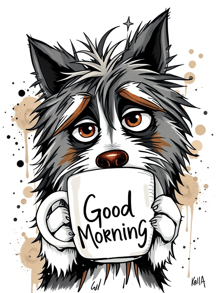 A quirky, artistic illustration of a disheveled collie dog breed with exaggerated, large eyes and spiky fur, holding a coffee mug that reads "Good Morning". The dog has a tired but humorous expression, with ink splatters and abstract details surrounding it, giving a whimsical feel to the image. The color palette is mostly monochrome with hints of brown in the eyes and steam rising from the mug, enhancing the overall sleepy vibe