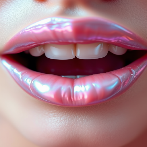 Ethereal iridescent lips shimmer with pearlescent hues, transforming from pale pink to soft blue depending on the angle of view