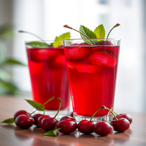Create a vibrant and detailed image of two glasses of cherry juice garnished with fresh cherries and leaves, indoors with natural light, using a Canon EOS 5D Mark IV, 50mm lens, f/1.8 aperture, ISO 100, and a shallow depth of field for a soft background.