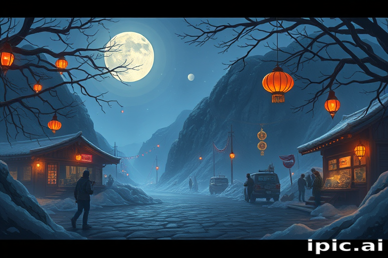 Enchanting Night Scene of a Snowy Village Under a Full Moon