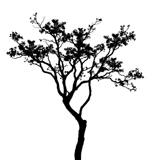 Generate an image of a simple black silhouette of a tree against a white background, using a Canon EOS R5, 50mm lens, aperture f/2.8, ISO 100, natural lighting, and a standard view for sharp clarity.
