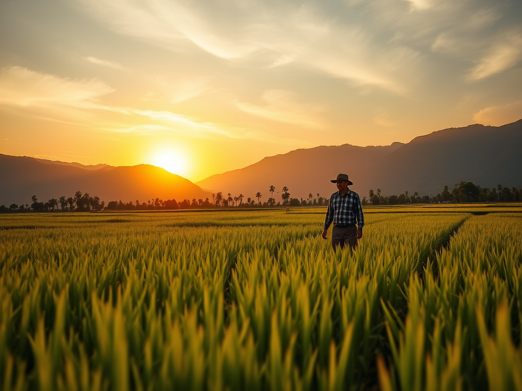 Create a serene landscape scene depicting a farmer standing in a rice field at sunset, with majestic mountains in the background, soft golden light illuminating the scene, using a DSLR camera with a 35mm lens, f/8 aperture, ISO 100, shot in the golden hour for optimal lighting and depth of field.