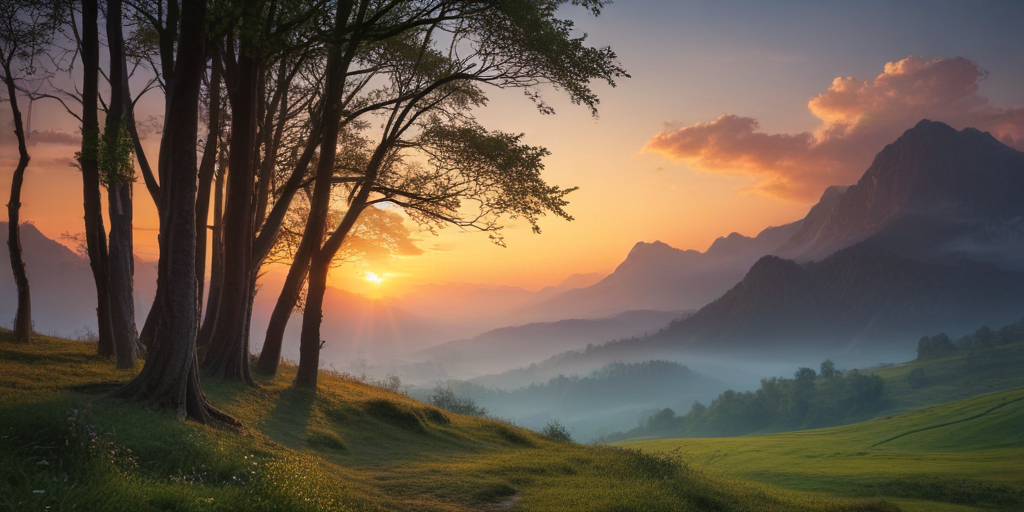 Serene Sunset Over Majestic Mountains with Lush Greenery and Trees