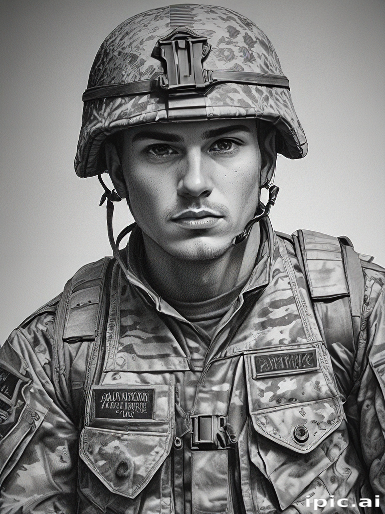 Portrait of a Soldier in Camouflage Uniform with Helmet and Serious ...