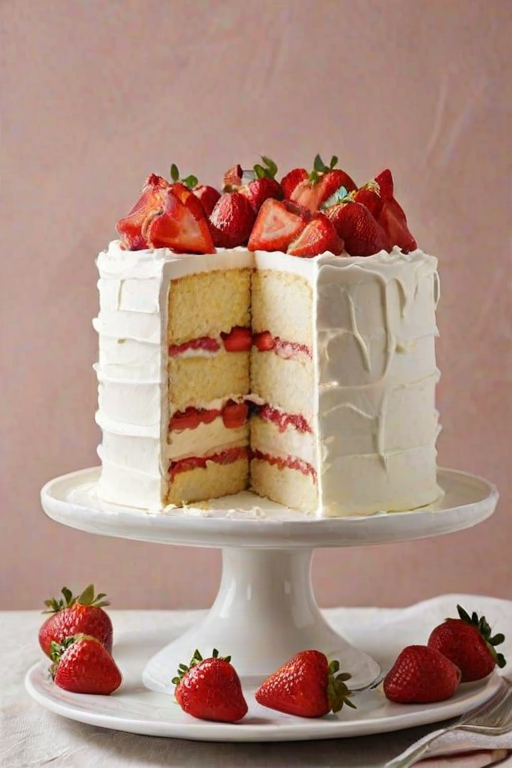 Create an image of a tall, layered white cake with a smooth white frosting. The cake should have a filling of strawberries and cream visible in the cut section. Decorate the top with a fresh strawberry and a swirl of whipped cream. Include a slice of the cake on a plate beside it, showcasing the layers and filling. The background should be simple and light to emphasize the cake.