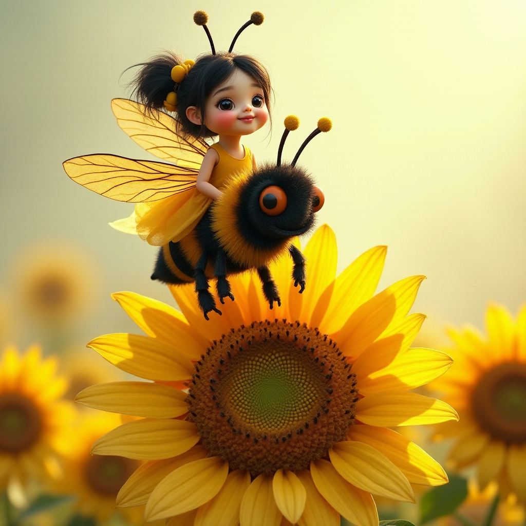 a whimsical cute girl with big eyes, big hair and flowing dress, riding astride a bumble bee, and flying across the top of the sunflower, which are just waking up, and catching dew drop of rain