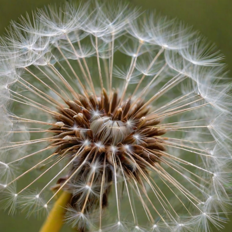 close-up of a dandelion seed head with intricate white filaments radiating from a central point, soft focus background
