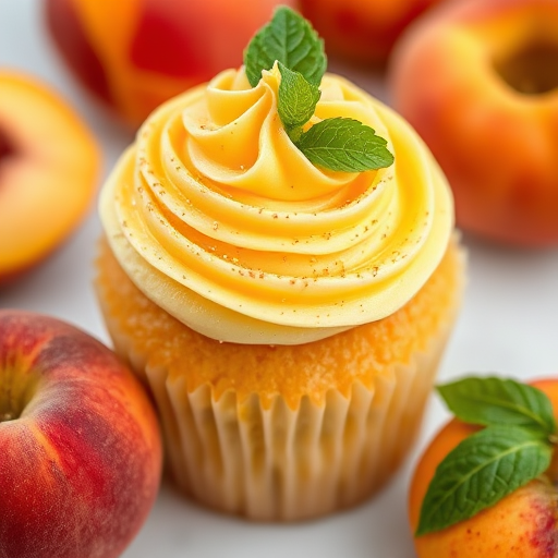 A close-up of a delicious cupcake with a peach and cream filling, topped with swirls of yellow and orange frosting, garnished with edible glitter and mint leaves, surrounded by fresh peaches on a white surface.