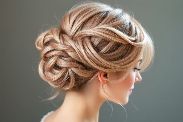 Dusty rose French twist with loose, face-framing tendrils, known as "Vintage Blush," featuring a soft, romantic silhouette and a matte, powdery finish