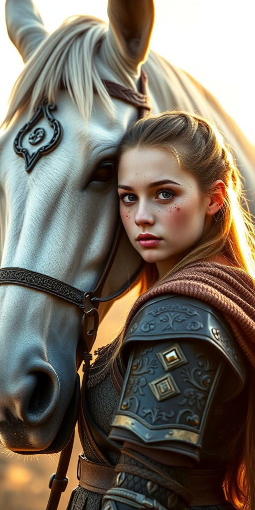 create a portrait of a young warrior woman with freckles and intricate armor standing close to a majestic horse wearing an ornate bridle, captured in golden hour light, using a Canon EOS R5, 50mm lens, f/1.8 aperture, ISO 100, soft focus background for depth, and high dynamic range to enhance details in both the subject and the horse