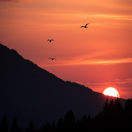 sunset mountain landscape with silhouettes of trees and birds in flight, high dynamic range, focal length 35mm, aperture f/8, ISO 100, shot from a low angle, DSLR camera, vibrant colors and smooth gradients