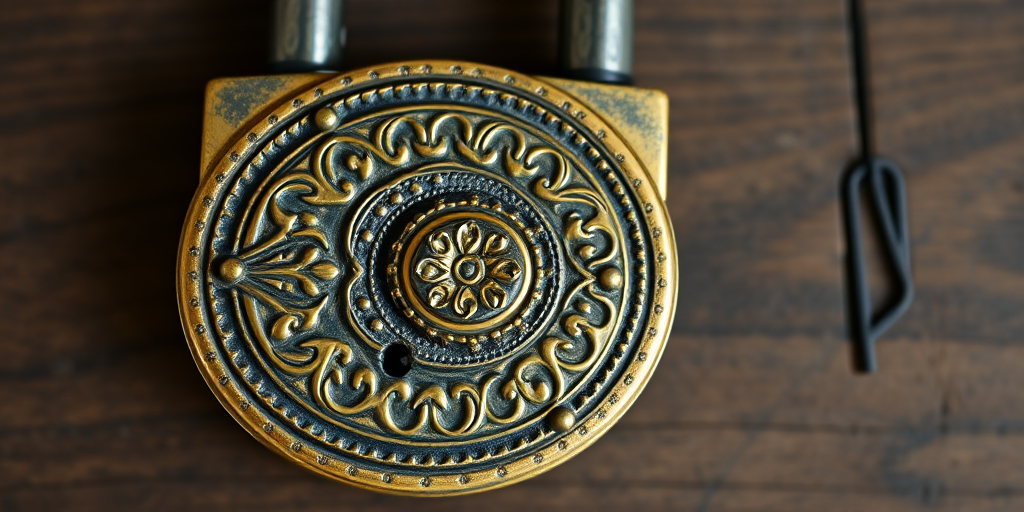 Create a high-resolution image of an ornate brass padlock with intricate patterns and designs, shot with a DSLR camera at f/2.8 aperture, 50mm focal length, in natural lighting, and from a top-down view to enhance the details and textures.