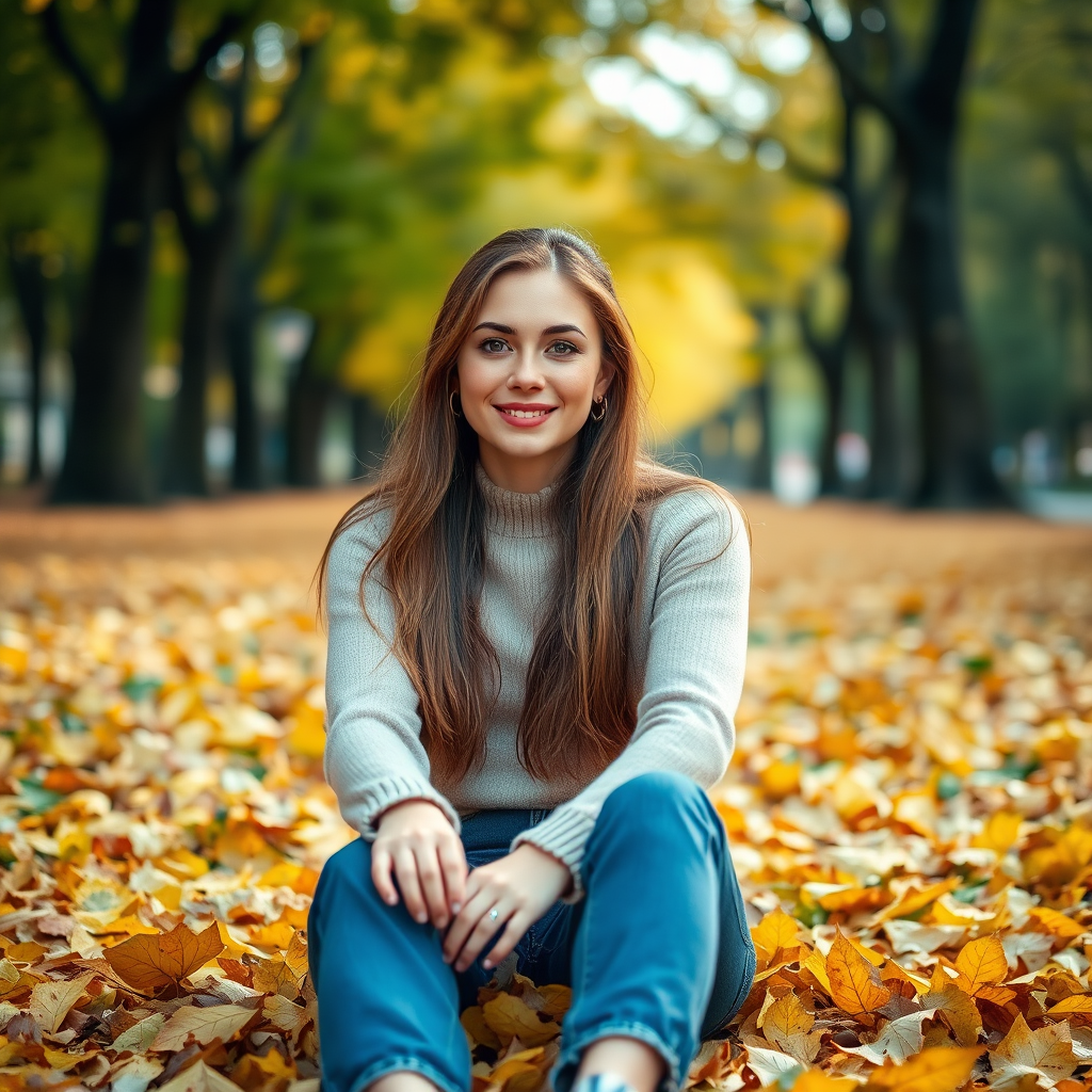 Capture a candid portrait of a woman sitting on golden autumn leaves in a serene park, with a soft focus background, using a 50mm lens at f/1.8, ISO 200, shutter speed 1/250s, natural daylight, full frame DSLR camera, emphasize warm tones and soft highlights.