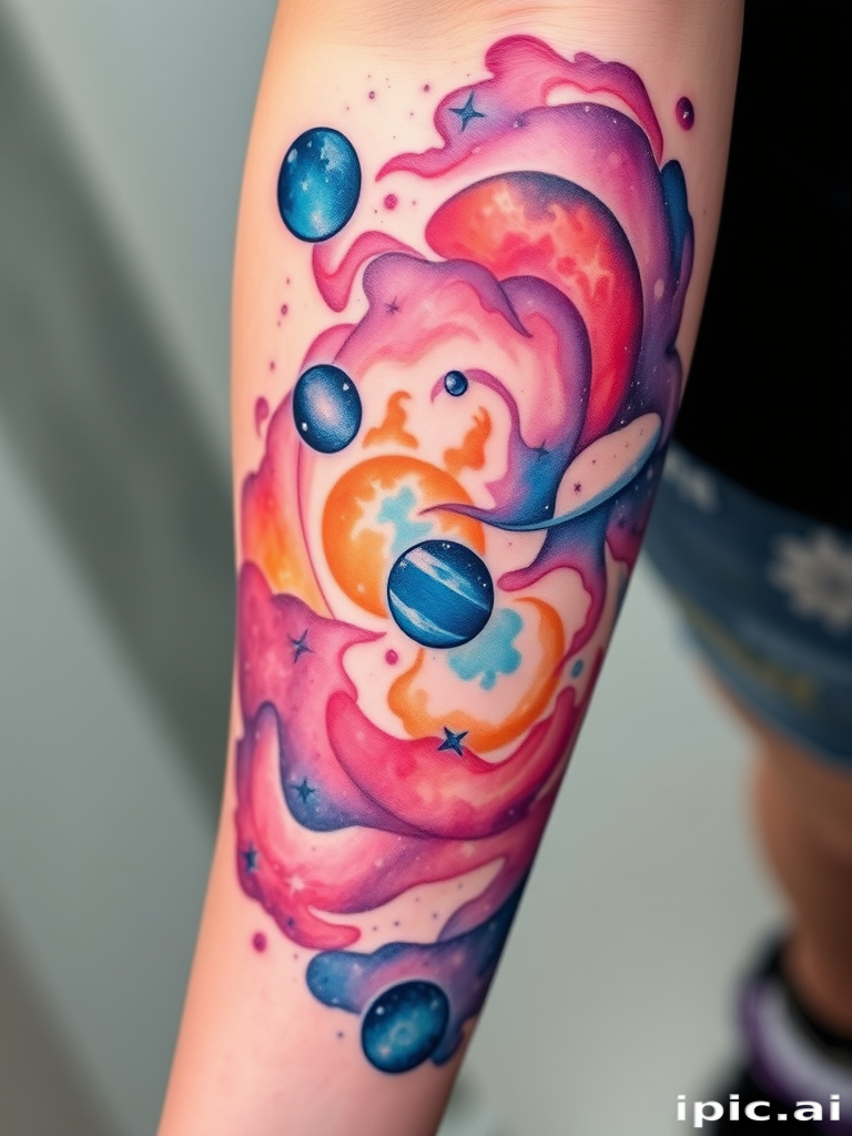 Cosmic watercolor galaxy tattoo dubbed "Nebula Dreams" depicting a vibrant space scene with swirling nebulae stars and planets blending seamlessly into the skin soft washes of color create depth and dimension while white ink highlights add a sparkling quality to the celestial design