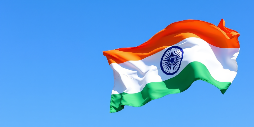Create a high-resolution digital illustration of the Indian flag, using a DSLR camera with a 50mm lens, aperture set to f/8 for sharpness, ISO 100 for low noise, and a balanced white balance, capturing the flag waving gently against a clear blue sky to enhance colors and details.