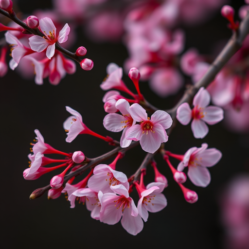 Capture a close-up of cherry blossom branches with pink flowers and buds against a dark background using a DSLR camera, 50mm lens, f/1.8 aperture, ISO 100, and a shutter speed of 1/200s for enhanced clarity and depth of field.