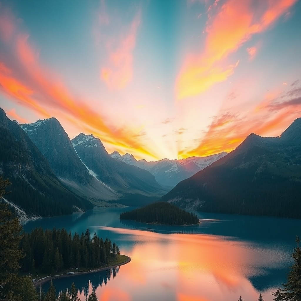 Create an ethereal landscape featuring a serene lake surrounded by majestic mountains under a vibrant sunset, captured with a Canon EOS R5 at 24mm, f/11, ISO 100, with a wide-angle view for expansive detail and clarity.