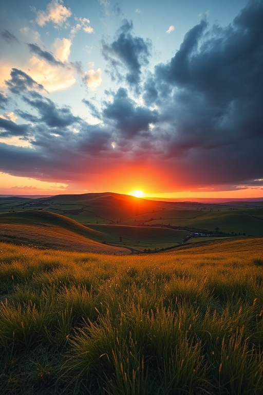 landscape of rolling hills and fields under a dramatic sky at sunset, golden light illuminating the grass, captured with a Canon EOS 5D Mark IV, 24mm lens, f/8 aperture, ISO 100, 1/200 sec exposure, wide-angle view for depth and clarity, vibrant colors with high dynamic range