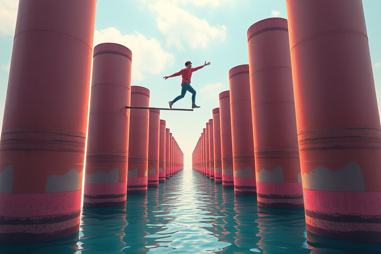 Create a digital illustration of a person balancing on a series of cylindrical pillars over water, using a vibrant color palette, with a perspective view, shot with a Canon EOS R with a 50mm lens, aperture f/2.8, ISO 100, and a soft focus for a dreamy effect.