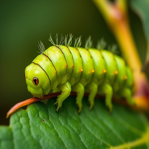 Create a highly detailed macro photograph of a vibrant green caterpillar resting on a leaf, using a DSLR camera with a 100mm macro lens, f/2.8 aperture, ISO 200, shutter speed 1/250s, natural soft lighting for enhanced texture and contrast.
