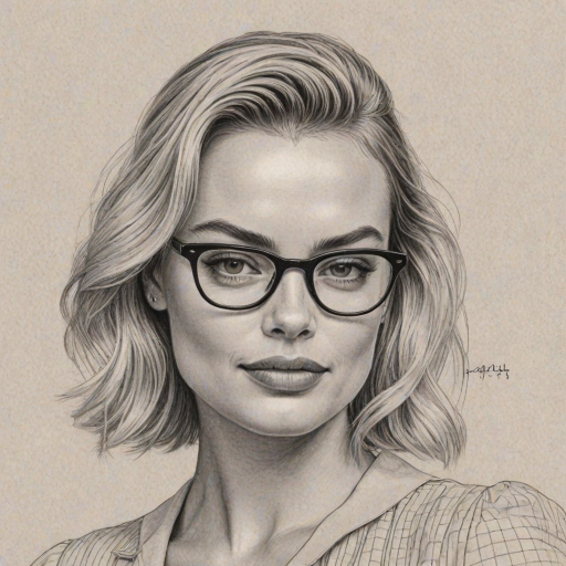 Lovely Margot Robbie, pencil sketch, portrait of Wonderful woman 1943s in glasses, hair style beatnik, outline, clear lines, fine lines, 8k