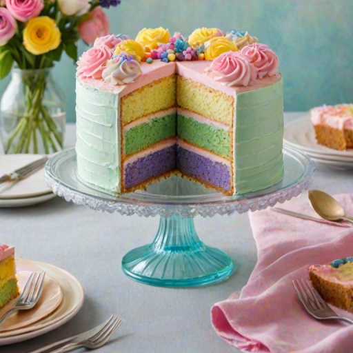 Create an image of a layered cake with multiple pastel colors. The cake should be displayed on a glass cake stand, showcasing its vibrant layers of pink, blue, green, yellow, and lavender. Include a slice cut out to reveal the colorful interior. Add a soft, elegant setting with a light pink tablecloth and a vase of white flowers in the background.