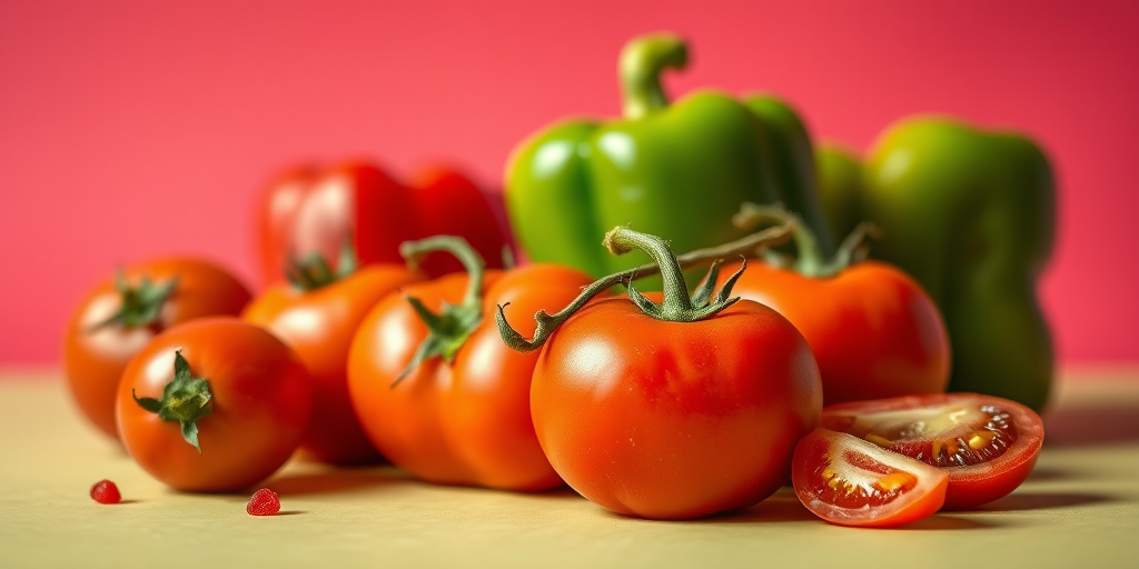 still life composition of ripe tomatoes and bell peppers on a vibrant background with soft natural lighting, f/2.8 aperture, ISO 100, 50mm lens, shallow depth of field, macro photography style, DSLR camera