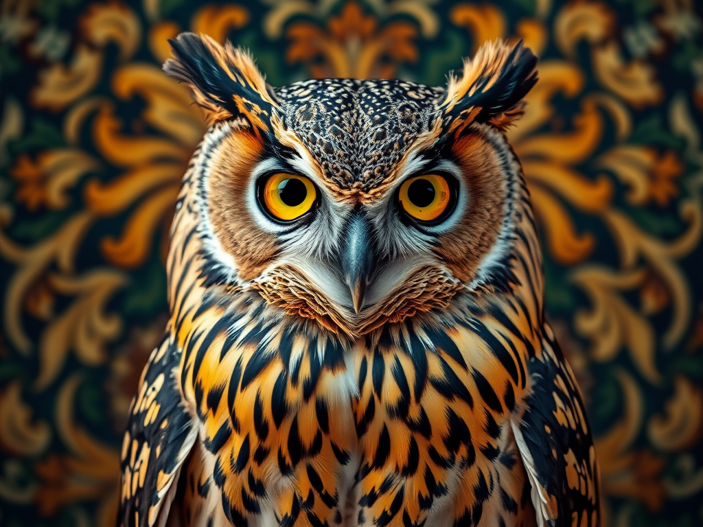Regenerate a highly detailed image of a majestic owl with intricate blue and gold patterns, on a richly decorated background, using a DSLR camera with a 50mm lens, f/1.8 aperture, ISO 100, 1/200 sec shutter speed, in soft diffused natural lighting, vertical composition, and high dynamic range for enhanced clarity and depth.