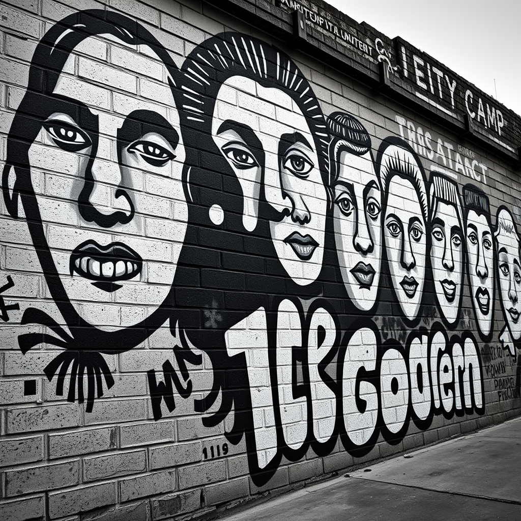 black and white mural of faces and text on a brick wall, high resolution, ISO 200, aperture f/5.6, shutter speed 1/125s, shot from a low angle with a wide lens on a DSLR camera