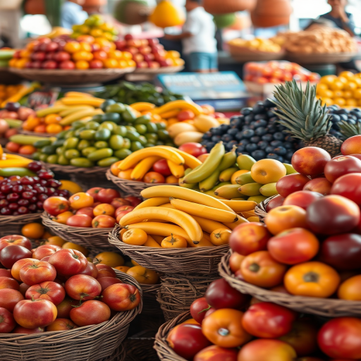 Create a vibrant market scene with an abundance of colorful fruits stacked in woven baskets, capturing the detail and texture of each fruit, shot with a Canon EOS R5 at f/4, 1/60s, ISO 200, using a 50mm lens from a slightly elevated angle to enhance depth and clarity.