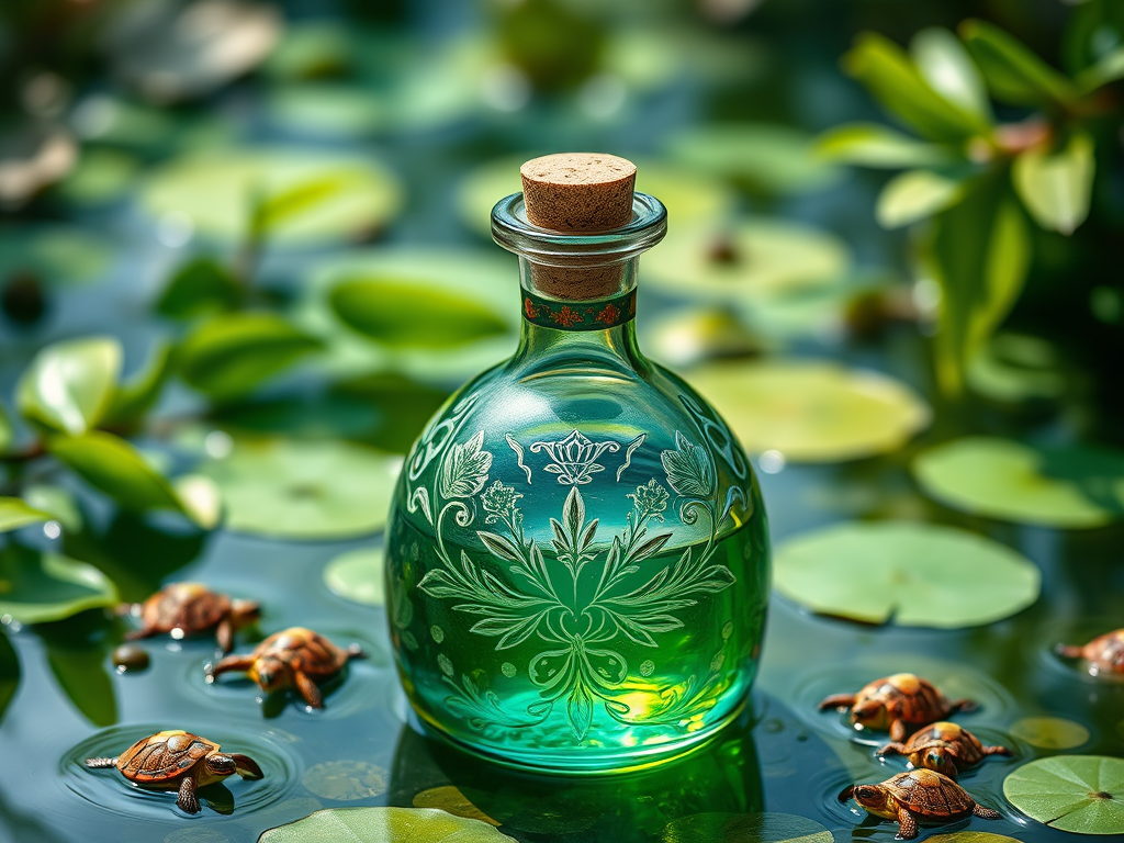 Create a highly detailed close-up image of an ornate glass bottle filled with turquoise liquid, featuring a cork stopper and intricate floral engravings, surrounded by lush green leaves and small turtles in a serene water setting, using a DSLR camera with a 50mm lens, f/1.8 aperture, 1/125s shutter speed, ISO 100, soft natural lighting to enhance colors and texture.
