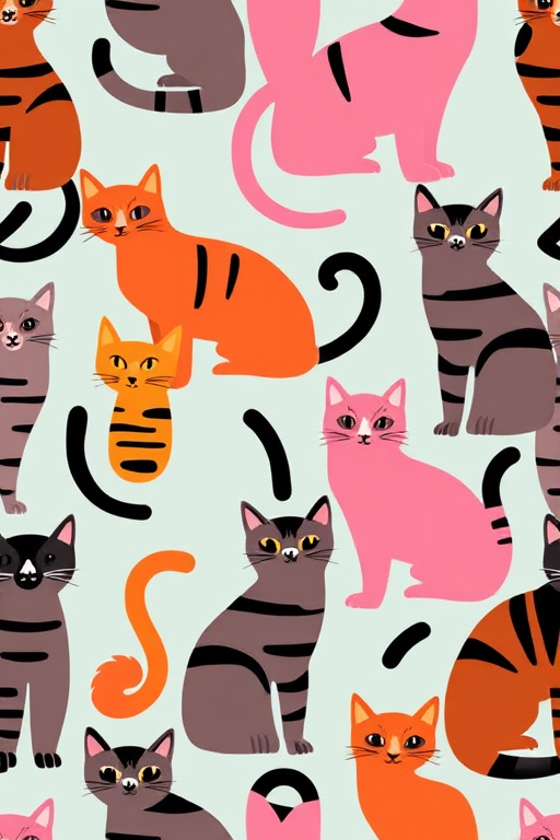 Create a vibrant and colorful pattern featuring a variety of stylized cats in shades of pink, orange, gray, and brown with bold black stripes, using a DSLR camera with a 50mm lens, f/2.8 aperture, ISO 100, shot from a top-down view to enhance detail and texture.