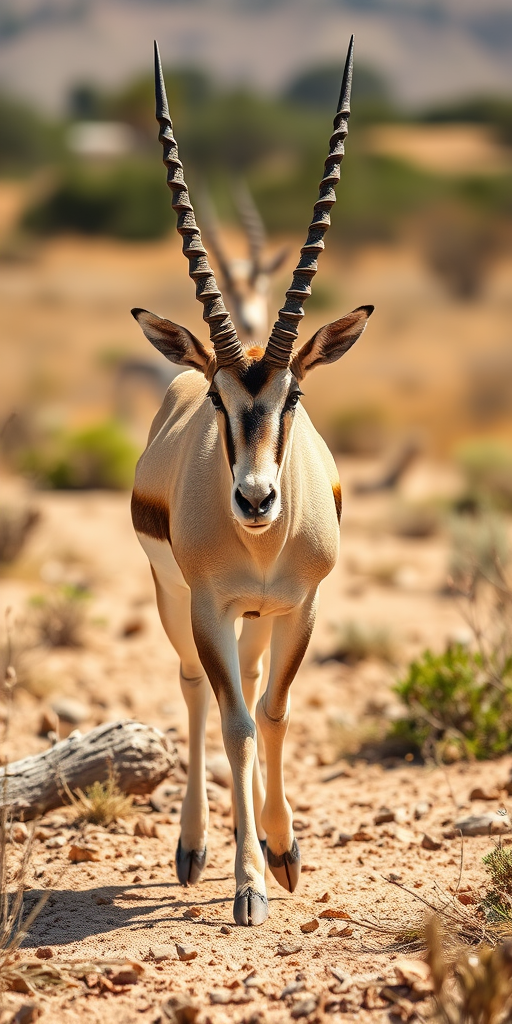 regenerate a high-quality image of an oryx walking in a natural setting, using a 50mm lens, f/2.8 aperture, ISO 200, with a shallow depth of field, taken from a low angle view, with natural sunlight, in RAW format for enhanced detail