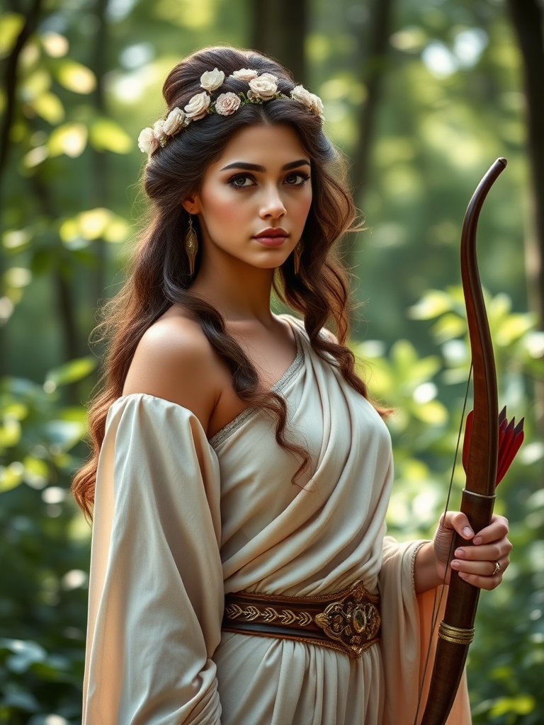 Create a portrait of a goddess-like Persian girl figure in a tranquil, forested environment. She has an elegant appearance with long, wavy hair styled in an updo and adorned with a delicate, floral headband. She wears a flowing, ancient Greek-inspired gown in a soft, pale color, featuring a one-shoulder design and draped fabric that accentuates her graceful form. The outfit includes a decorative belt with ornate gold detailing, and she holds a bow in her hand, with a quiver of arrows slung over her shoulder. The background depicts lush greenery, with sunlight filtering through the trees, casting a gentle, ethereal light on the scene. Her expression is calm and contemplative, embodying a sense of wisdom and serenity.