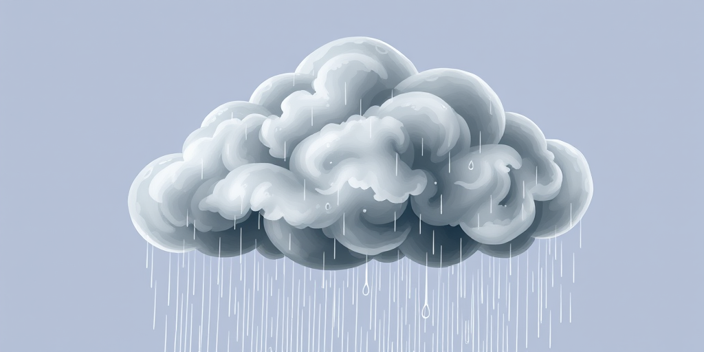 Create a high-resolution illustration of a gray cloud with rain droplets falling, using a DSLR camera with an aperture of f/4, ISO 100, and a focal length of 50mm, shot from a straight-on perspective with a vibrant, clear background to enhance details and colors.