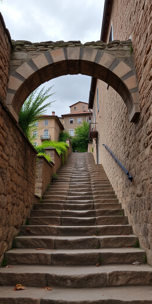 a narrow stone pathway leading up stairs with greenery, old buildings in the background, under a rustic archway with a cloudy sky