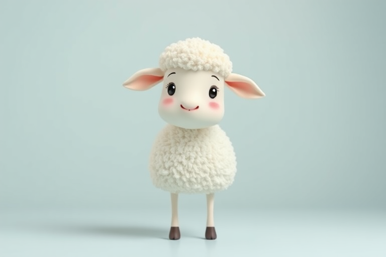 Generate a cute cartoon sheep standing upright in a simple, clean background, with soft lighting, using a DSLR camera with a 50mm lens, aperture f/2.8, ISO 100, and a shallow depth of field for enhanced focus on the sheep.
