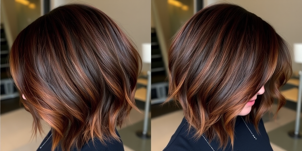 Luscious chocolate brown locks styled in a sleek asymmetrical lob, accented with caramel babylights, exuding warmth and sophistication, titled "Mocha Whisper"