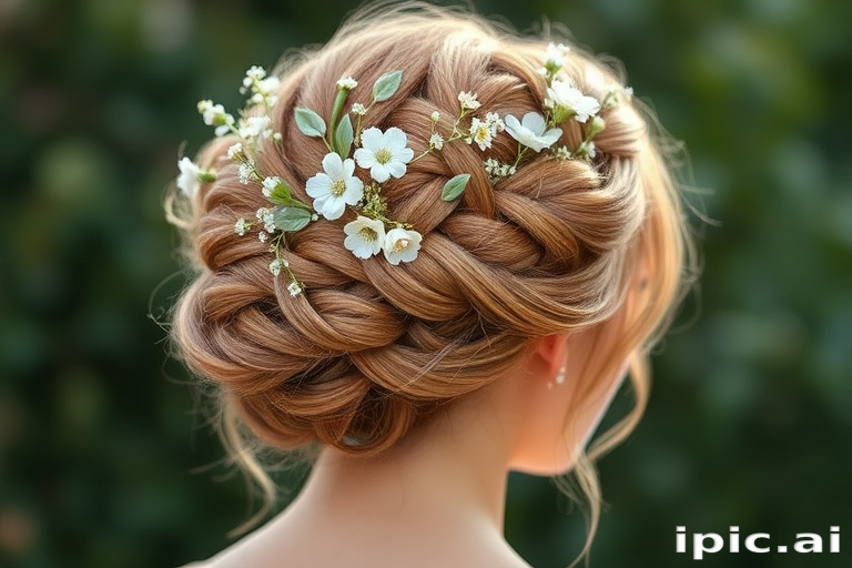 Romantic rose gold braided crown updo, adorned with delicate floral accessories, exuding ethereal charm and feminine grace