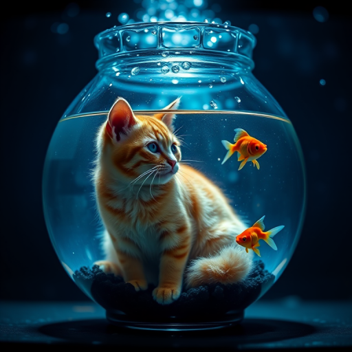 Create a hyper-realistic image of an orange tabby cat sitting inside a fishbowl with a goldfish swimming nearby, set in a dimly lit underwater environment, using a DSLR camera with a 50mm lens, f/1.8 aperture, ISO 100, and a shallow depth of field for enhanced focus on the cat and fish, with soft bokeh in the background.