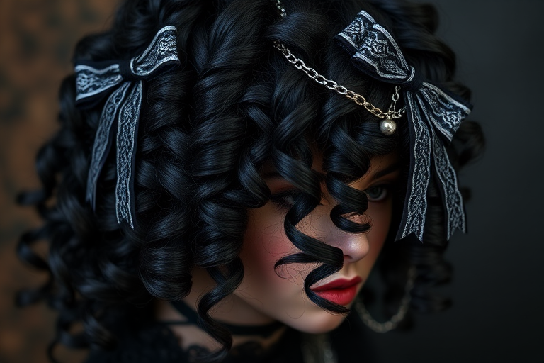 Dramatic Gothic Lolita Ringlets boasting deep black hair with subtle dark purple undertones styled into tight spiral curls adorned with intricate lace bows and delicate silver chains