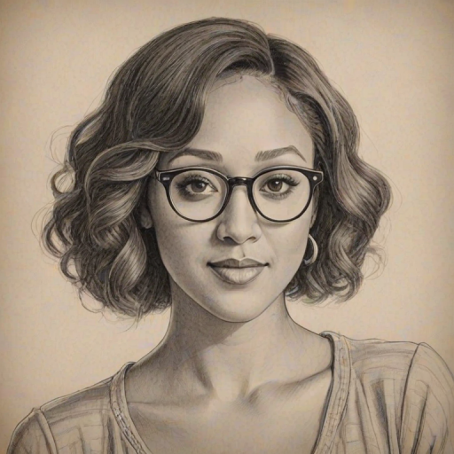 Wonderful Tamera Mowry-Housley, pencil sketch, portrait of Lovely woman 1922s in glasses, hair style beatnik, outline, clear lines, fine lines, 8k
