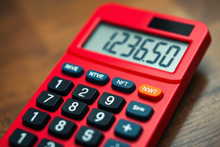 Create an image of a bright red calculator with a large white display and bold black numbers, captured in high resolution using a DSLR camera with a 50mm lens, aperture set to f/2.8, ISO 100, and a shallow depth of field to enhance focus on the calculator with a blurred background.