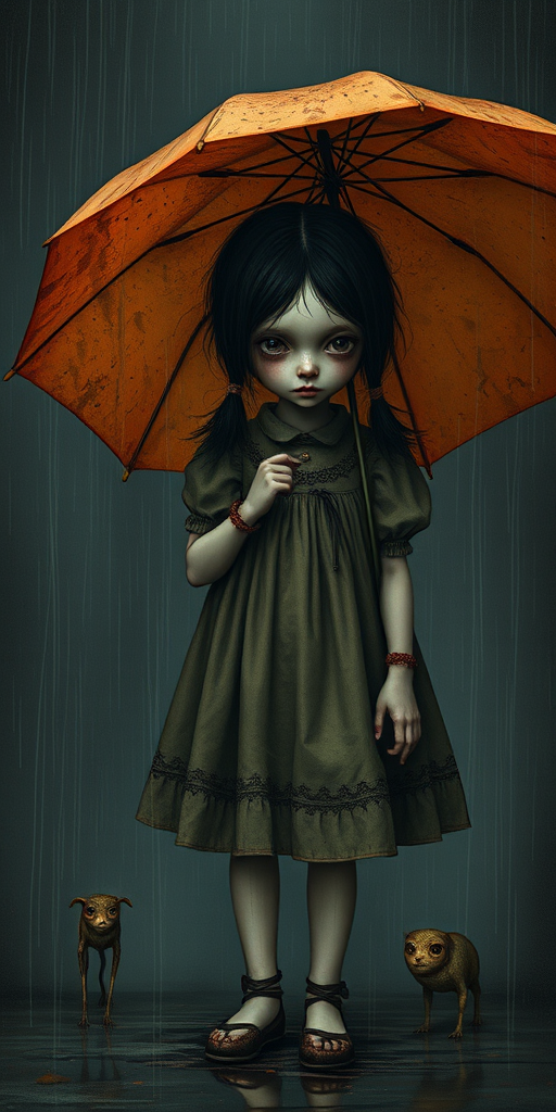 An eerie, weird little girl with dark hair in thin pigtails, wearing a smock dress, standing in the rain, holding a dirty orange umbrella, a small, odd creature beside her. In a surreal style inspired by Nicoletta Ceccoli and Brian Froud. Dark fantasy themes