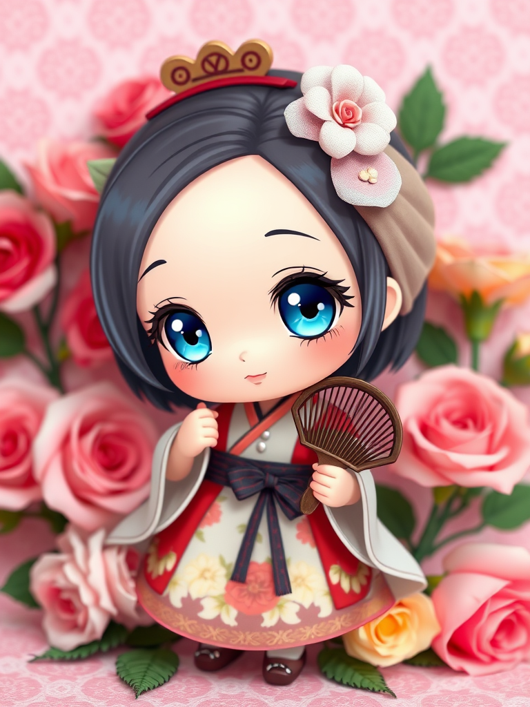 Create a cute chibi character with big blue eyes and a traditional dress, holding a small comb, surrounded by colorful roses on a soft pink patterned background, captured with a DSLR camera at f/2.8 aperture, 50mm lens, in portrait orientation, using natural light for a vibrant and sharp image.
