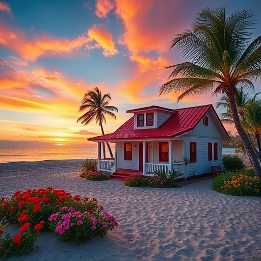 Create a vibrant beach scene featuring a charming house with red roof, surrounded by colorful flowers and palm trees, captured at sunset with a wide-angle lens, f/8 aperture, ISO 100, and a Canon DSLR for high detail and vivid colors.