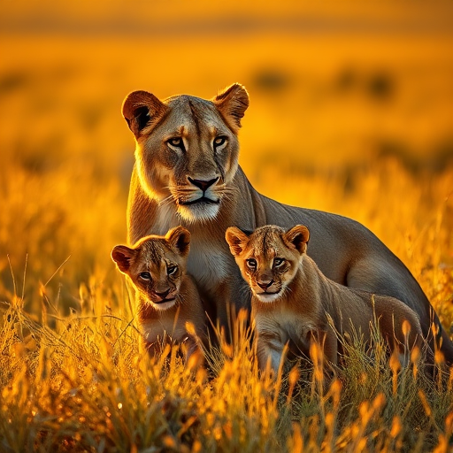 A lioness with three cubs in a golden grass landscape, soft evening light, close-up view, DSLR camera, f/2.8 aperture, 50mm lens, ISO 200, 1/500 sec shutter speed, vibrant colors and high detail.