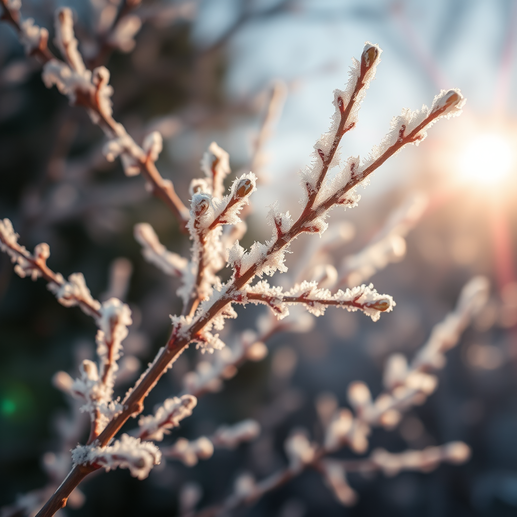 photograph of frosted branches under soft sunlight, aperture f/2.8, shutter speed 1/200 sec, ISO 100, close-up perspective, DSLR camera with a macro lens, natural lighting, warm color tone